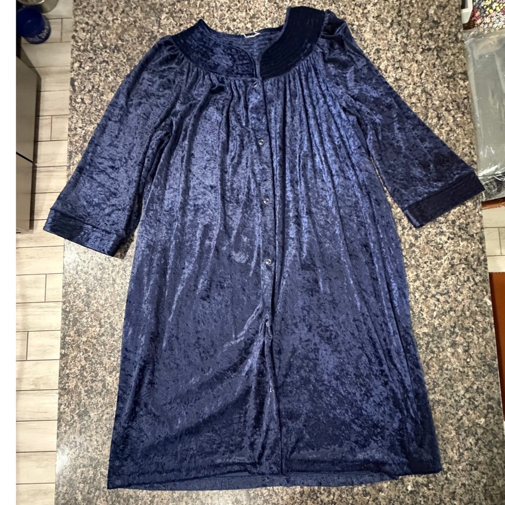 Navy Blue Crushed Velvet Snap Front Robe Duster Dress Pleated Yoke Midi